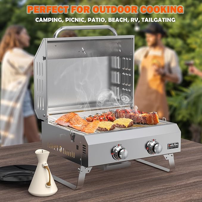 ONLYFIRE GRILLS Tabletop Gas Grill 2 Burners 20 Portable Propane Grill with Foldable Legs for Outdoor Patio Backyard Camping Tailgating RV Trip Beach Stainless Steel Gas Stove 16000BTU GS322