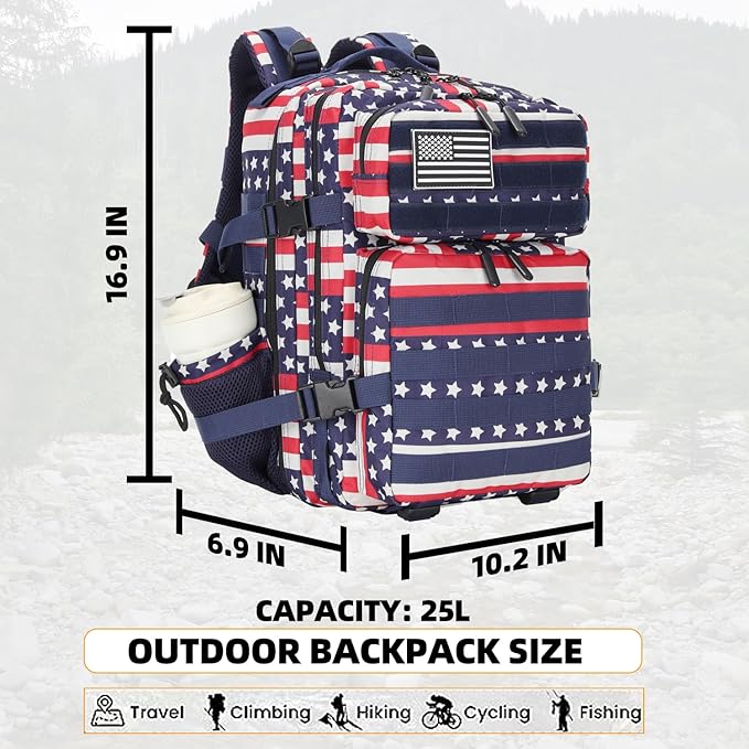 Lovelinks21 25L Tactical Military Backpack Small Travel Backpack for Men and Women Assault Pack Bug Out Bag Molle Daypack Gym Backpack with Bottle Holder (Flag)