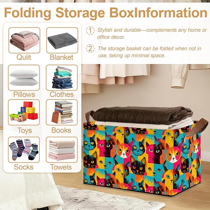32L Large Storage Bins with Handles Cute Animal Basket Organizer for Shelves Closet Books Laundry &amp Home Decor (Abstract Cat)