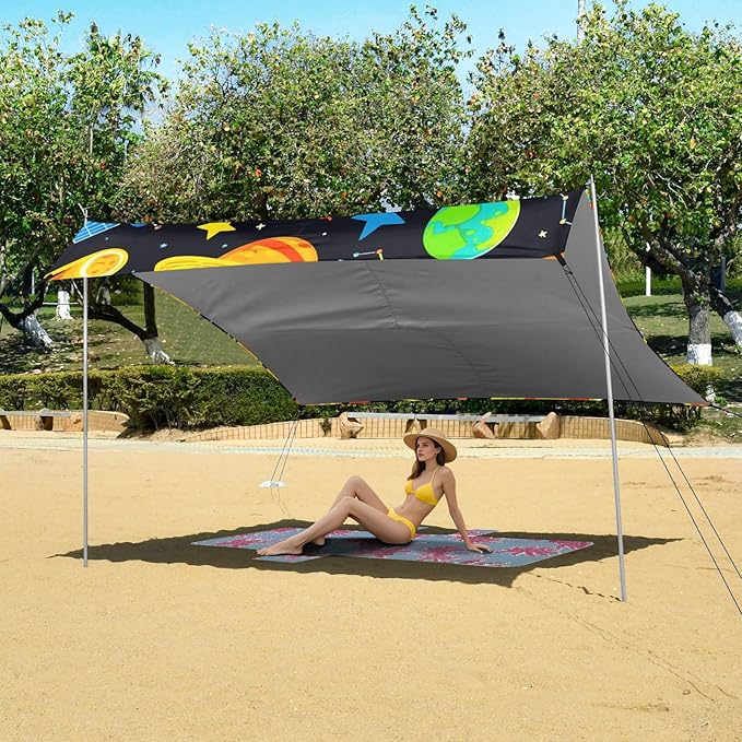 Beach Canopy with Windproof Ropes &amp Sandbags Beach Tent Sun Shade Sun Shelter for Camping Trips Fishing Backyard Fun or Picnics Planets