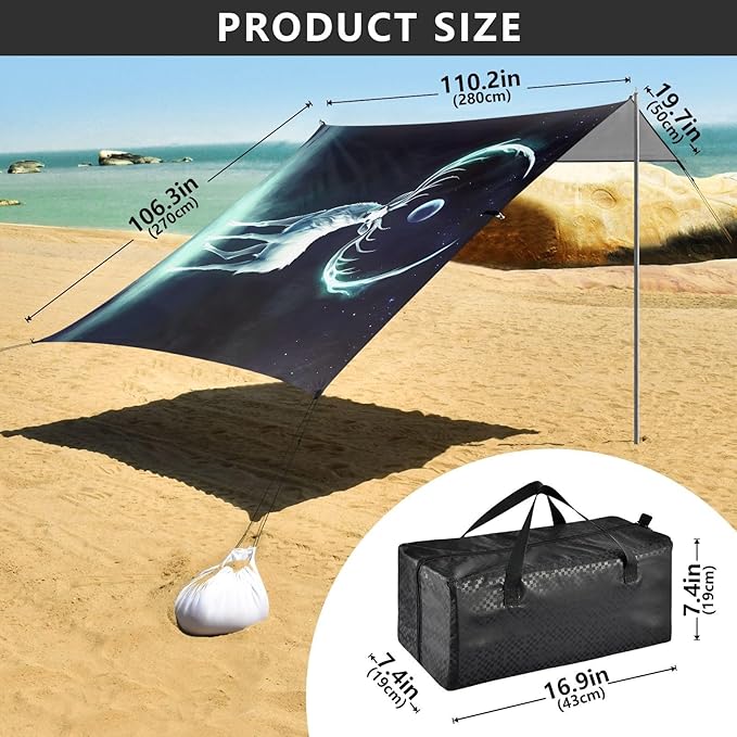 ALAZA Elf of Deer Elk Moon Beach Tent Sun Shelter UPF50+ Protection Beach Shade Canopy w/ 4 Sandbags for Outdoor Camping Fishing Backyard Fun Picnic 10x9 ft
