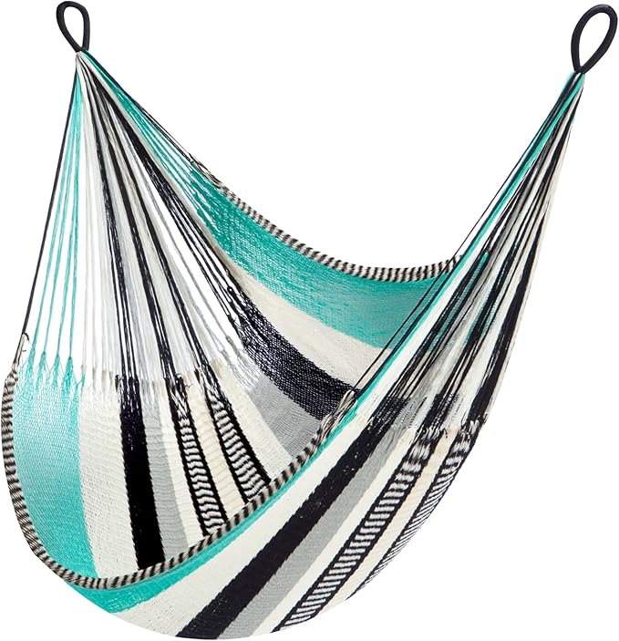 Handwoven Hanging Chair by Yellow Leaf Hammocks - Fits 1 Person 330lb Max - Kick Back for Full-Body Recline - Weathersafe Ultra Soft Hang Anywhere - Color: Turquoise - Black -White