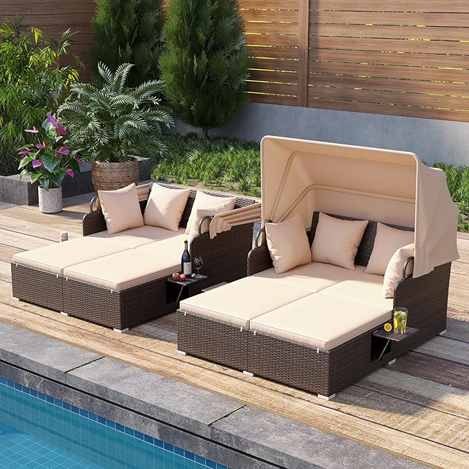 Tangkula Patio Rattan Daybed with Retractable Canopy Outdoor Wicker Sunbed with 2 Foldable Side Tables Thick Seat &amp Back Cushions Outside Double Daybed for Garden Backyard Porch Beige &amp