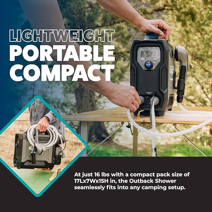 Kakadu Portable Camping Outback Shower Instant Hot Water for Outdoor Use - Slimline Design Rechargeable Lithium Battery Adjustable Shower Head Slim Pump Digital Display