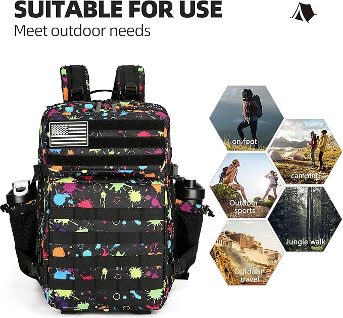 Tactical Assault Backpack - 45L 3 Day Assault Pack with MOLLE Waterproof Rucksack - Fluorescent Tie Dye