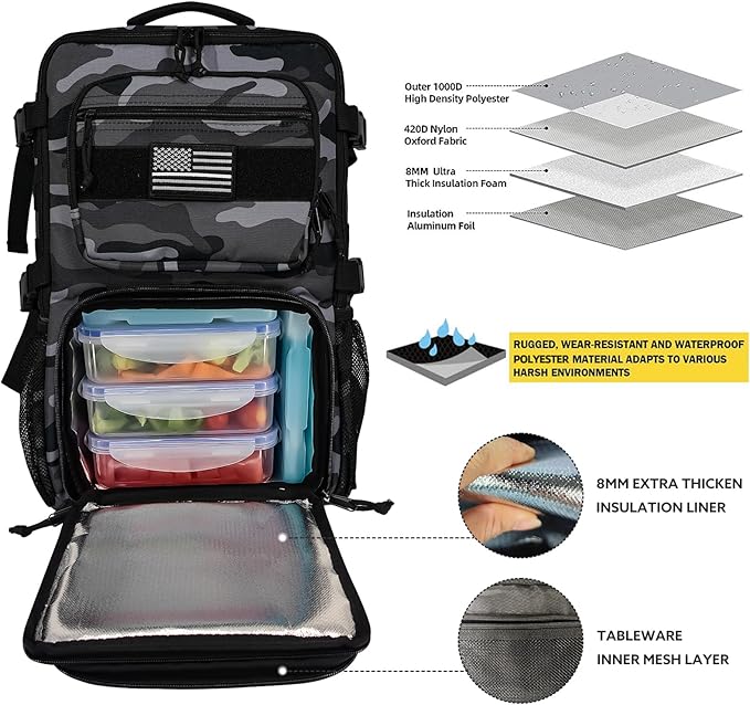 519 Fitness [Tactical All-Around] Modular Meal Prep Backpack - Grey Camouflage - Fits 17 Laptop - Removable Meal Part Hydration Bladder 3 Containers 2 Ice Packs &amp US Flag Patch