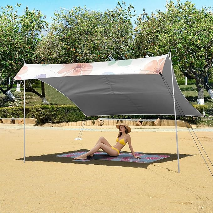 xigua Wildflowers Beach Tent Sun Shelter with Carrying Bag - Silver Coated Oxford Fabric Beach Canopy for Beach Camping Fishing - Includes Windproof Ropes Sandbags &amp Stakes