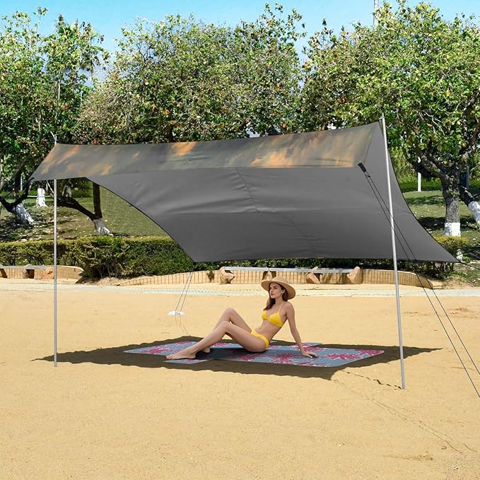 Oil Painting Sunset River Beach Tent Sun Shelter Set UPF50+ UV Protection 10.5 x 9.19 FT Camping Shade Canopy with Sandbags Sand Anchors Carrying Bag and Others