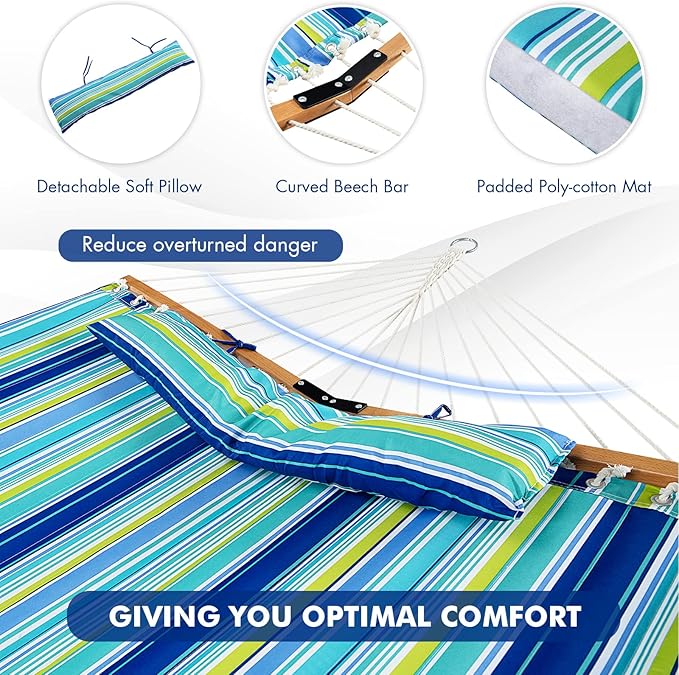 Goplus 10.5 FT Hammock Quilted 2 Person Hammock w/Detachable Pillow 330LBS Capacity Curved Hardwood Spreader BarQuick Dry Fabric Portable Paddled Hammock Swing for Patio Yard Porch Indoor Outdoor