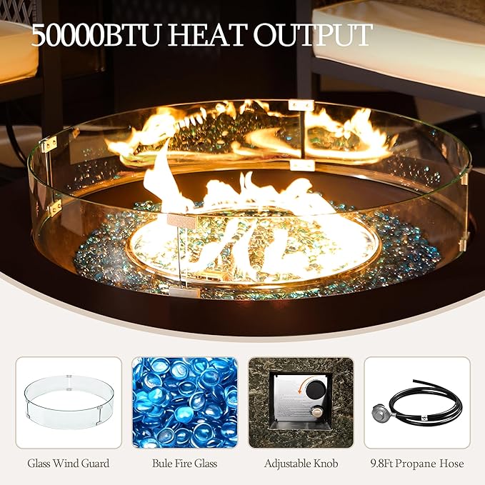 UPHA 42-inch Outdoor Propane Gas Fire Pit Table 50000 BTU Concrete Round FirePit for Outside Patio with Propane Tank Cover Wind Guard Blue Glass Rocks Rain Cover Bronze