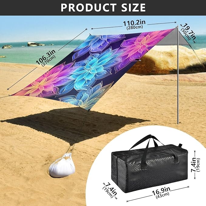 ALAZA Rainbow Mandala Transparent Flowers Beach Tent Sun Shelter UPF50+ Protection Beach Shade Canopy w/ 4 Sandbags for Outdoor Camping Fishing Backyard Fun Picnic 10x9 ft