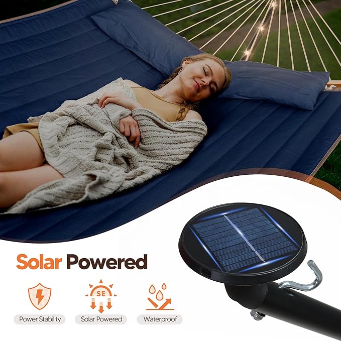 SUNCREAT Double Outdoor Hammock with 12 ft Stand Solar Powered Lights Portable 2 Person Hammock with Stand Dark Blue