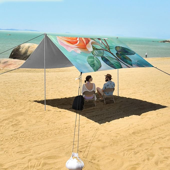 ALAZA Romantic Rose Flowers Beach Tent Sun Shelter UPF50+ Protection Beach Shade Canopy w/ 4 Sandbags for Outdoor Camping Fishing Backyard Fun Picnic 10x9 ft
