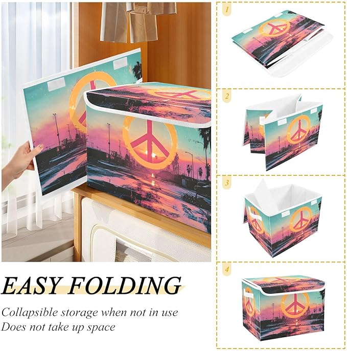 Storage Cube with Lid Peace Sign City Print 16.5×12.6×11.8 IN 1 Pack Collapsible Large Capacity Foldable Storage Basket Bin Organizer