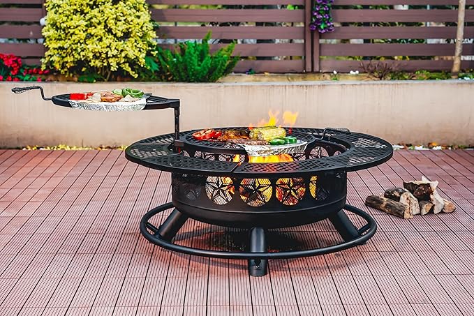 42 Inch BBQ Fire Pit with 2 Grills3-in-1 Outdoor Round Metal Fire Pit Table with LidFire PokerLarge Outdoor Wood Burning Firepits for OutsidePicnicBonfire Backyard Patio(Black)