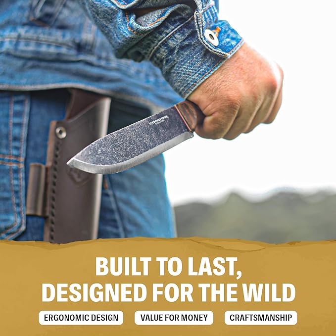 Condor Tool &amp Knife Bisonte Bushcraft Knife - 1095 High Carbon Steel - Hand Crafted Welted Leather Sheath - 4.7in Blade - 3mm Thick - 9.5oz