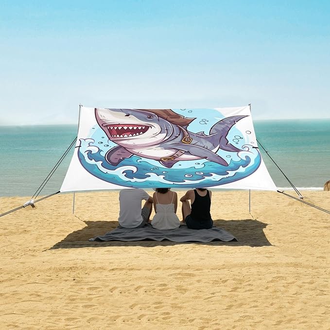 ALAZA Pirate Shark Cartoon Beach Tent Sun Shelter UPF50+ Protection Beach Shade Canopy w/ 4 Sandbags for Outdoor Camping Fishing Backyard Fun Picnic 10x9 ft