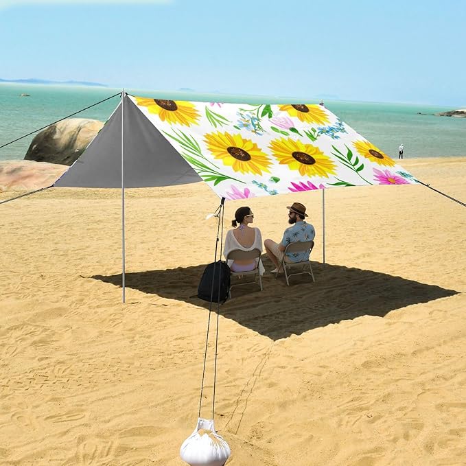 Beach Canopy with Windproof Ropes &amp Sandbags Beach Tent Sun Shade Sun Shelter for Camping Trips Fishing Backyard Fun or Picnics Sunflowers
