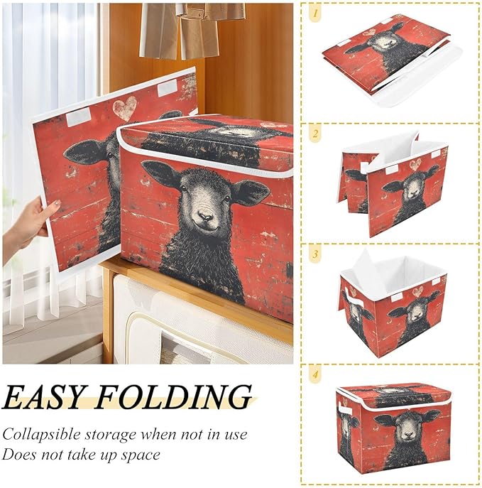 AIXIWAWA Lidded Storage Cube (Heart Sheep) Fabric Foldable Closet Bins with Flip Lid and Handles Organizer Basket Container 16.5 x 12.6 x 11.8 IN
