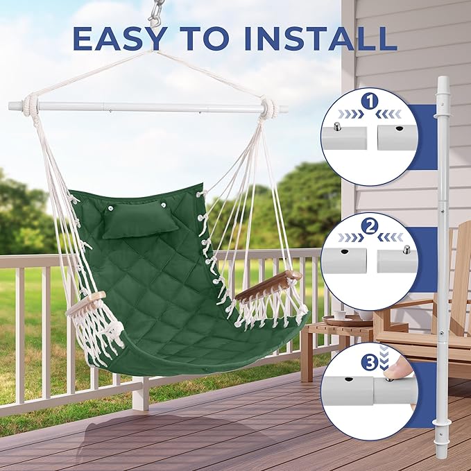 Hammock Chair Hanging Swing with Wooden ArmrestSteel Spreader BarPillowsHardware kit IncludedCotton WovenUp to 350 Lbsfor Indoor Outdoor Green