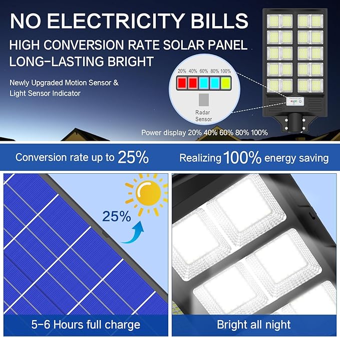 Solar Street Light 8000W Street Light Outdoor High Lumens Parking Lot Lights 6500K Solar Lights Outdoor Motion Sensor Dusk to Dawn for Parking Lot with Remote Control 1 Pack