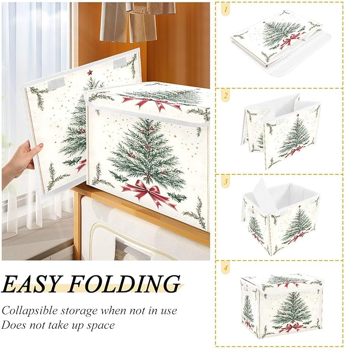 Bolaz Storage Bins with Lids and HandlesRed Ribbon Christmas Tree Storage Box Storage Basket with Cover Collapsible Organizer Containers for Home Closet Shelves