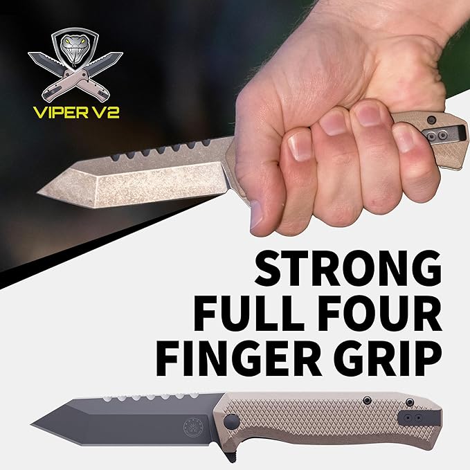 Off-Grid Knives - Viper V2 with154CM Steel Tanto Blade Grippy G10 Scales Left or Right Deep Carry Clip Ceramic Ball Bearings (Coyote)