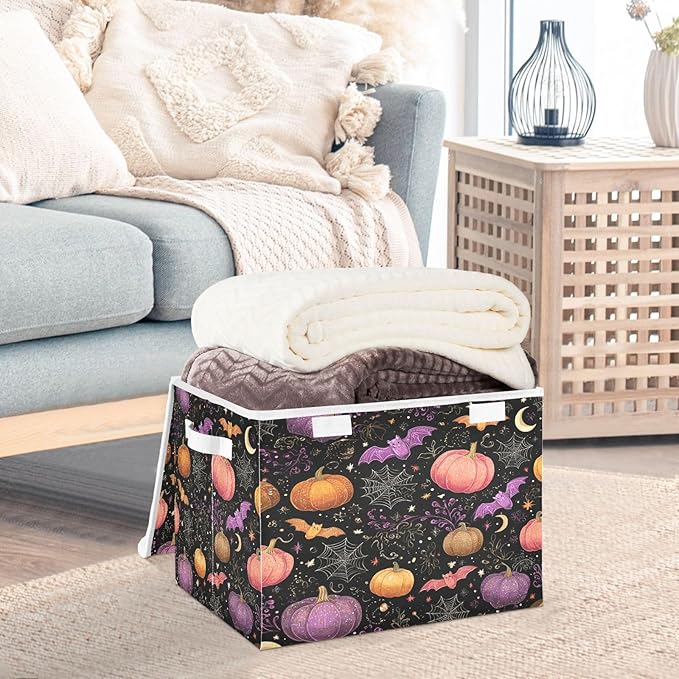 Black Pumpkins Stars Bats Collapsible Storage Bins with Lids Decorative Fabric Cubes Closet Organizer Basket Boxes Containers for Clothes Box Chest Foldin