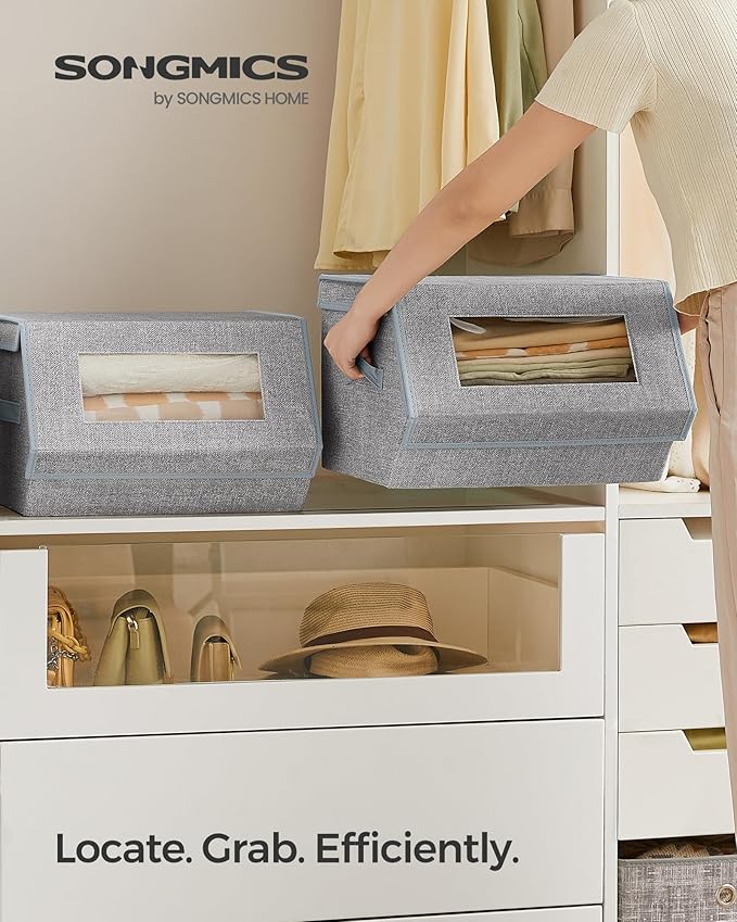 SONGMICS Stackable Storage Bins Set of 2 Storage Boxes with Lids and Front Windows Non-Woven Fabric Closet Organizers with Magnetic Closures Side Handles Dove Gray URLB002W01