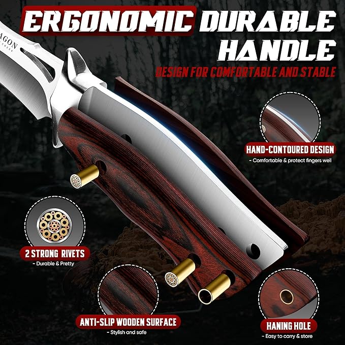 Dragon Creek Fixed Blade Knife - Bowie Knife with Wooden Handle Leather Sheath for Fishing Camping Men Gift