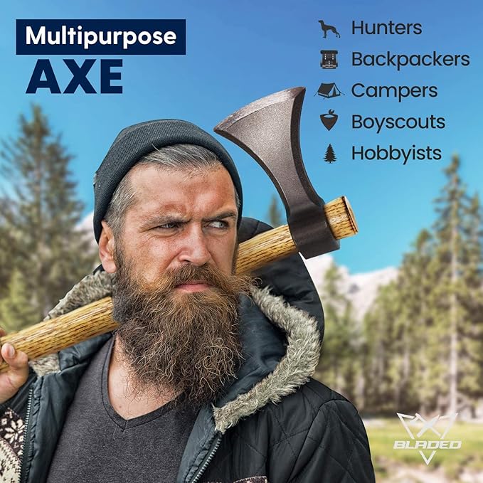 BLADED Throwing Hatchet w/Sheath - Made in USA Axe w/Forged 4140 Steel Head &amp 100% American Hickory Wood Handle - Small Competition &amp Survival Tomahawk - Kindling Camping &amp Chopping Metal
