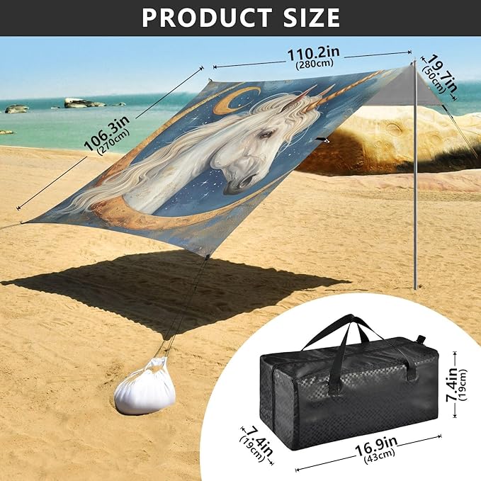 ALAZA Beauty White Unicorn Moon Beach Tent Sun Shelter Portable Canopy Sunshade for Outdoor Camping Picnics Backyard Fun 10x9 ft
