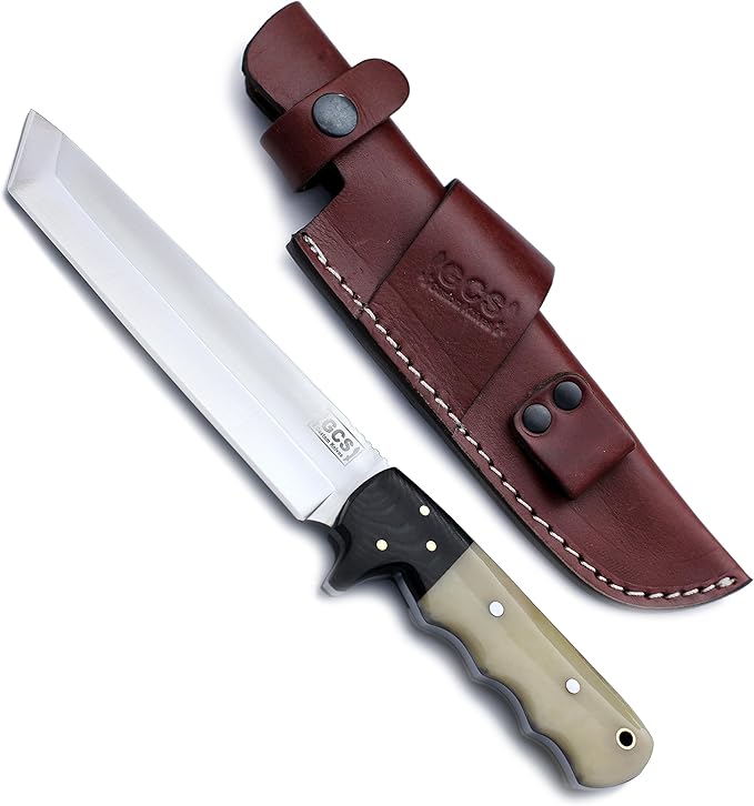 GCS Custom Handmade Coloured Bone Handle D2 Tool Steel Tanto Survival Tactical Fixed Blade Knife Buffalo Hide Leather Sheath GCS177