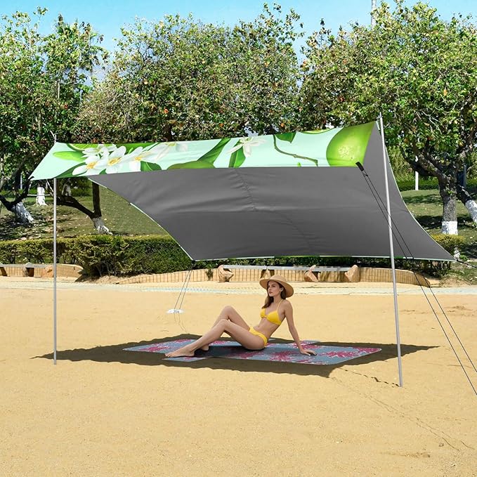 Beach Canopy with Windproof Ropes &amp Sandbags Beach Tent Sun Shade Sun Shelter for Camping Trips Fishing Backyard Fun or Picnics Lime