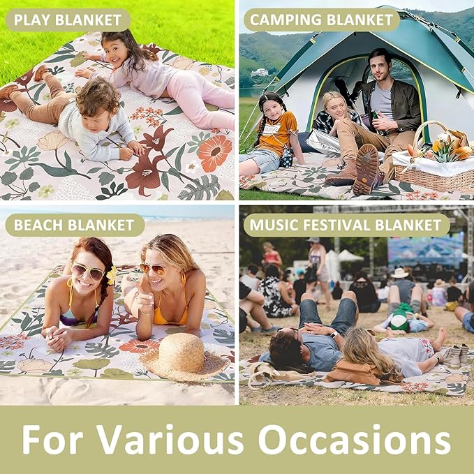 Floral Picnic Blankets Waterproof Foldable 60″X80″ Packable Picnic Mat Flowers Outdoor Blanket for Grass Large Beach Blanket Sandproof Picnic Accessories for Camping Music Festival Park Lawn Travel