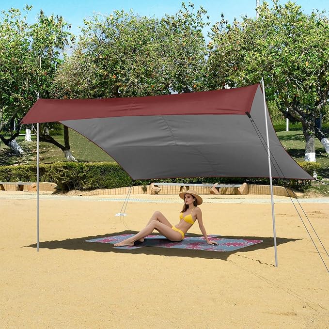 xigua Red-Brown Beach Tent Sun Shelter with Carrying Bag - Silver Coated Oxford Fabric Beach Canopy for Beach Camping Fishing - Includes Windproof Ropes Sandbags &amp Stakes