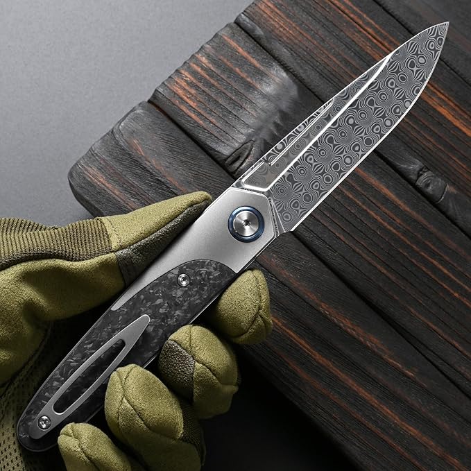Sitivien ST245 Damascus Steel Folding Knives with Liner Lock Ball BearingTitanium Carbon Fiber Handle EDC Damascus Knife for Men Women(Gray) … …