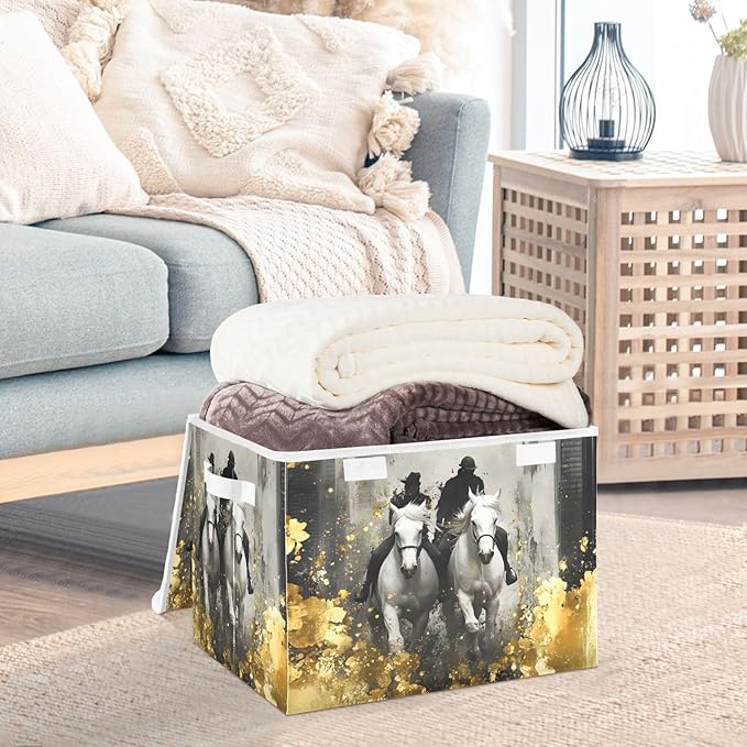 AIXIWAWA Lidded Storage Cube (Horses Gold) Fabric Foldable Closet Bins with Flip Lid and Handles Organizer Basket Container 16.5 x 12.6 x 11.8 IN