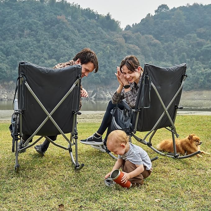 EVER ADVANCED Oversized Folding Rocking Camping Chair Padded Portable Rocker Chair for Patio Lawn and Outdoors Heavy Duty Hard Armchair for Adults Supports 400lbs Grey