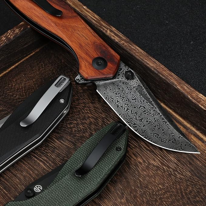 CIVIVI ODD 22 Pocket Knife for EDC Tuffknives 2.97 Damascus Blade Cuibourtia Wood Handle with Thumb Stud &amp Reversible Clip Folding Knife for Utility Hiking Camping Fishing Outdoor C21032-DS1