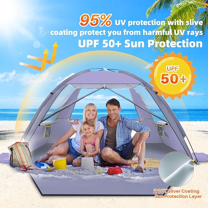 Happy Travel Beach Tent UPF 50+ UV Protection Sun Shade Shelter for 3/4/5/6/7/8 Person Portable Beach Canopy for Family &amp Baby Lightweight &amp Easy Setup Beach Cabana with 3 Ventilation Mesh
