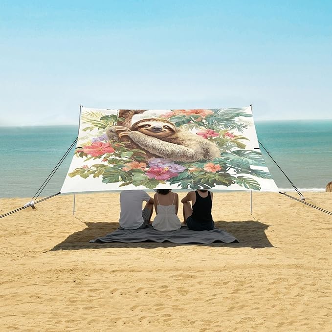 ALAZA Sloth Branch Tropical Plants Beach Tent Sun Shelter Portable Canopy Sunshade for Outdoor Camping Picnics Backyard Fun 10x9 ft