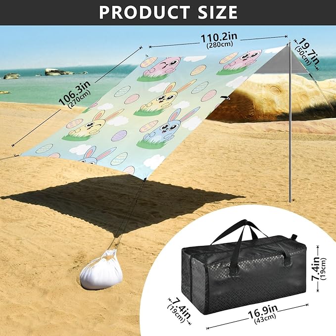 Beach Canopy with Windproof Ropes &amp Sandbags Beach Tent Sun Shade Sun Shelter for Camping Trips Fishing Backyard Fun or Picnics Easter Bunny