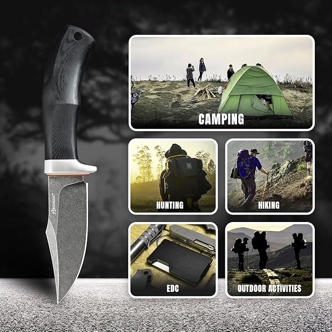 Knives DC53 Steel Fixed Blade Hunting Knife with Sheath Tactical EDC Knife for Men Outdoor Survival Camping Hiking Fishing (Black Stone Wash)