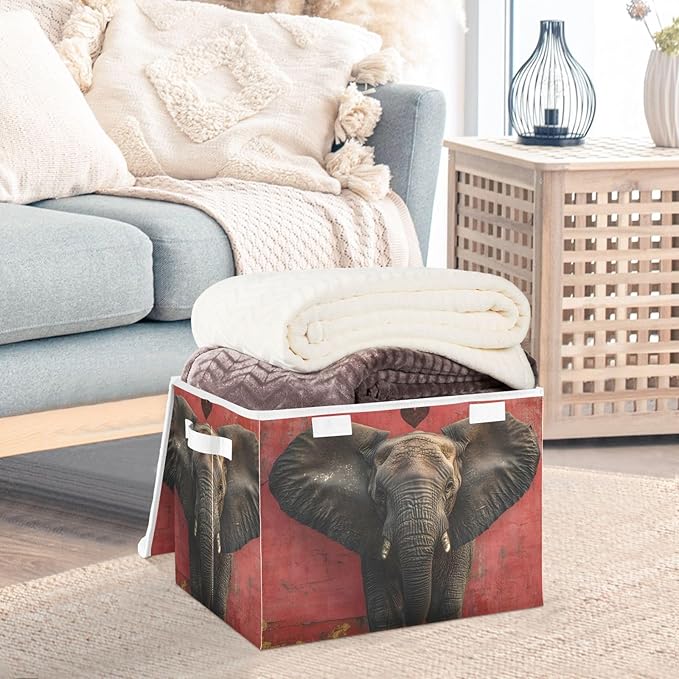 AIXIWAWA Lidded Storage Cube (Heart Elephant) Fabric Foldable Closet Bins with Flip Lid and Handles Organizer Basket Container 16.5 x 12.6 x 11.8 IN
