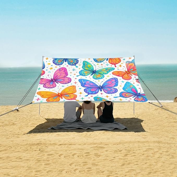 xigua Butterflies Beach Tent Sun Shelter with Carrying Bag - Silver Coated Oxford Fabric Beach Canopy for Beach Camping Fishing - Includes Windproof Ropes Sandbags &amp Stakes