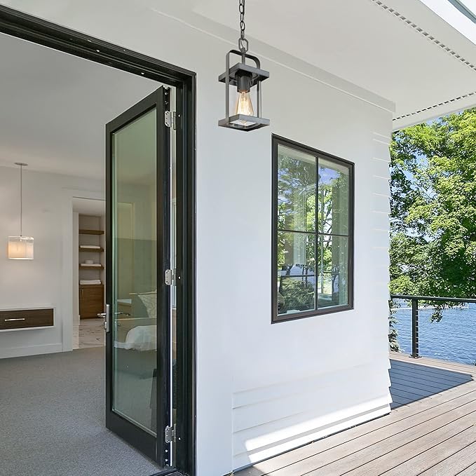 classy leaves Black Outdoor Pendant Lights Exterior Pendant Light with Clear Glass Porch Hanging Lantern Light Fixtures in Brushed Black Finish