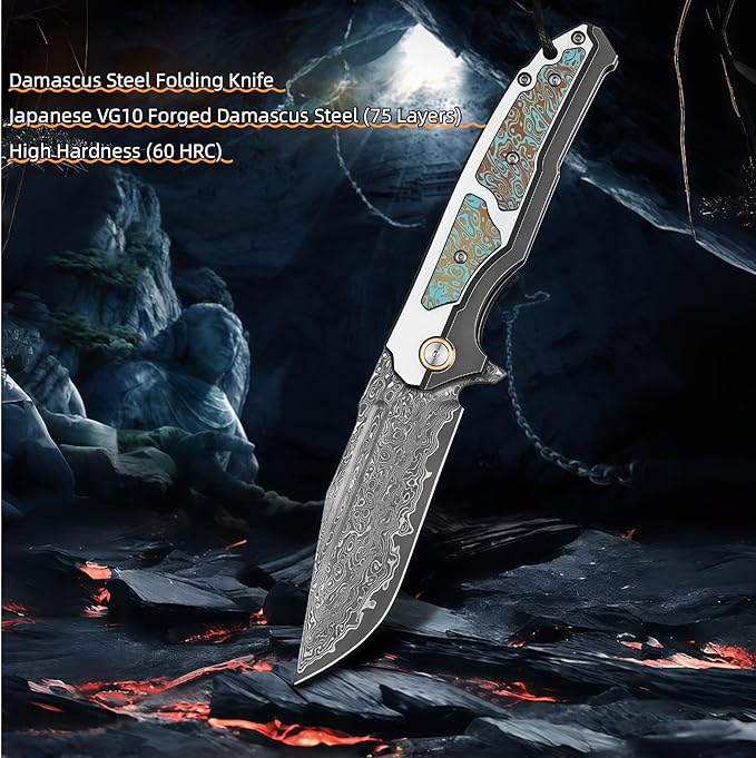 Damascus Steel Folding Knife HRC 60 Pocket Knife for Men 67-Layer Damascus Steel Folding Knife Pocket Knives Hunting Knifes Gift for Boyfriend who Loves Hunting Camping Essentials Men Gifts