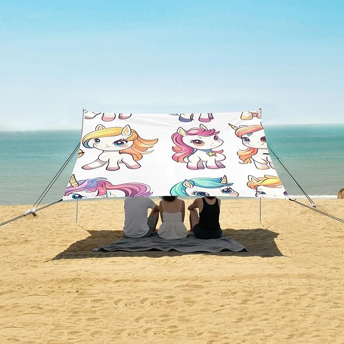 ALAZA Cute Rainbow Colorful Unicorns Beach Tent Sun Shelter Portable Canopy Sunshade for Outdoor Camping Picnics Backyard Fun 10x9 ft