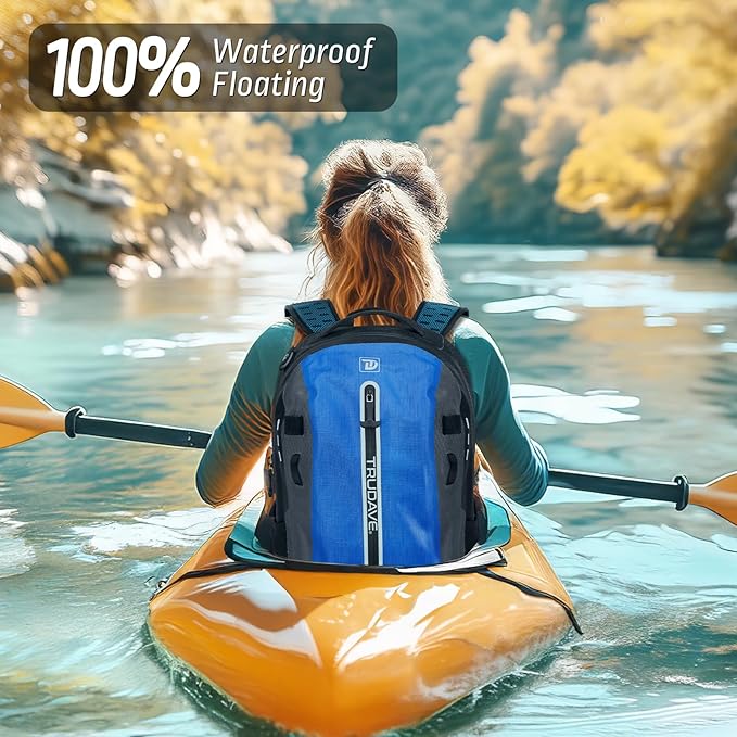 Trudave Waterproof Backpack Waterproof Submersible Backpack Floating TPU Coated Dry Bag with Airtight Zipper for Kayak Fishing Boating Hiking Blue(20L)